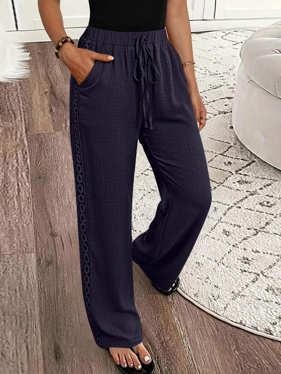 EMERY ROSE Women's Solid Color Drawstring Waist Pocket Casual Versatile Daily Travel Long Pants - Elderberry - View 1