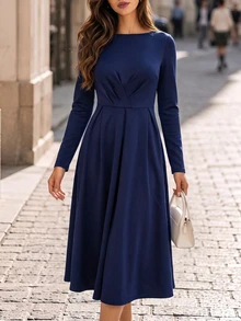 Editum Women's Solid Color Ruffle Waist A-Line Long Sleeve Dress - Navy Blue - View 5