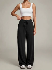 SHEIN PETITE طقم بنطال طويل كاجوال للنساء بخصر برباط محبوك بلونين - الأسود - مشاهدة 6