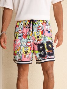 SpongeBob SquarePants | SHEIN Men's Summer Casual Cartoon Print Shorts - White - View 3