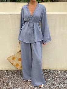 DAZY 女款純色對比蕾絲長袖晨袍與寬腿褲休閒兩件套 - 藍色 - 查看 5