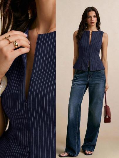 Poéselle Chaleco tipo blazer casual con rayas y cremallera delantera para mujer