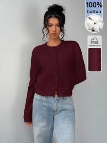 SHEIN BASICS 女款素色長袖單排扣休閒針織開襟衫 - 酒紅色 - 查看 3