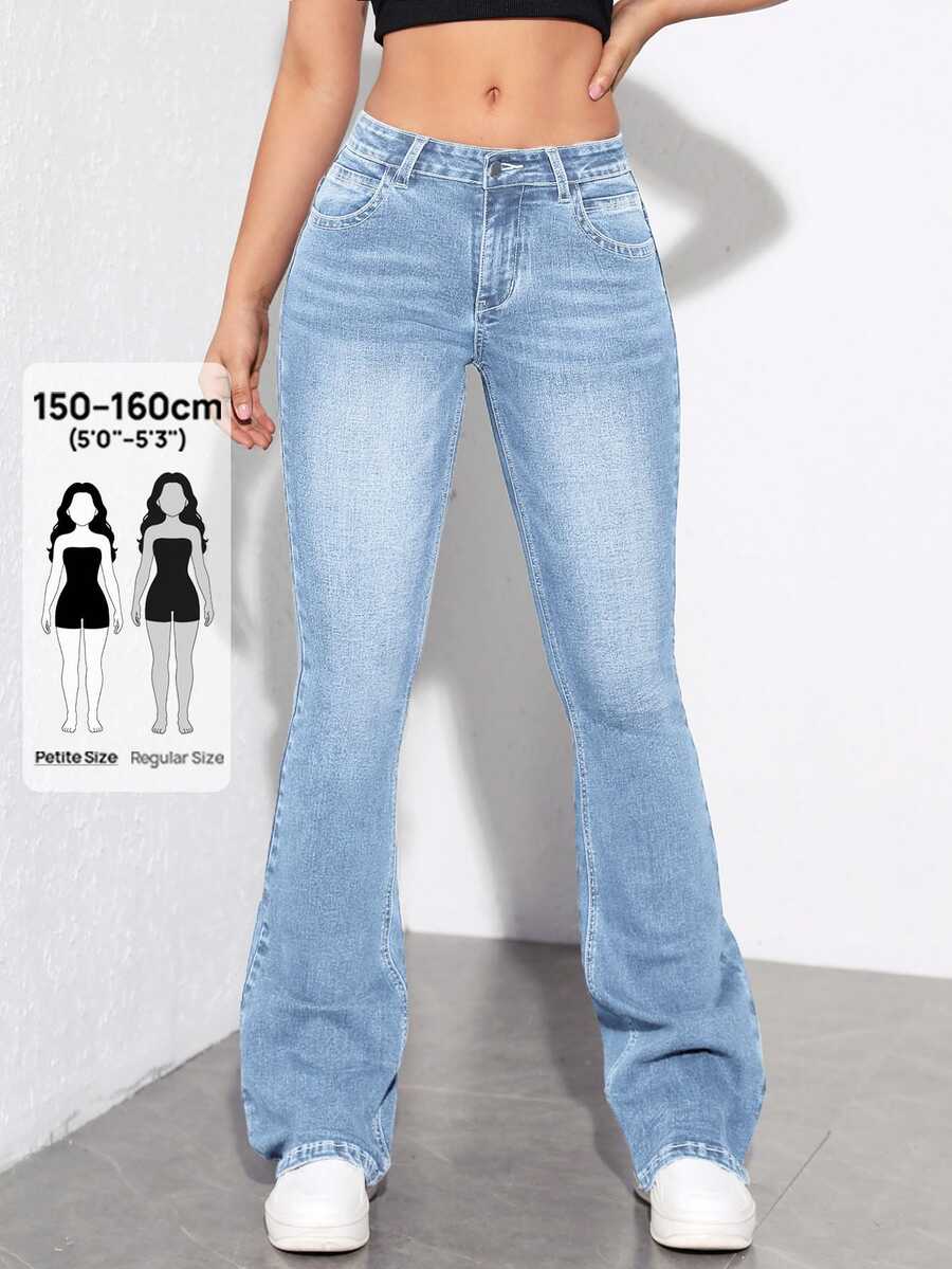 SHEIN PETITE Women's Fashionable Street Style Button Flared Denim Jeans - Light Wash - View 1