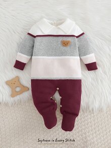 Cozy Pixies Romper Rajut Musim Gugur untuk Bayi Baru Lahir, Motif Patchwork Bertekstur, Blok Warna, Garis-garis, Kerah, dan Pola Beruang Kartun - Burgundy - View 7