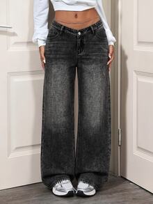 SHEIN Tall Women's Casual Versatile Straight Leg Denim Jeans With Pockets And Buttons For Daily Wear - Black - View 8