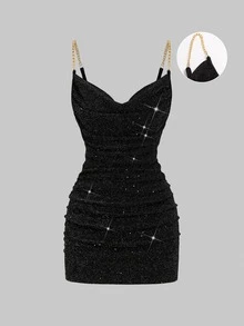 Sweetra Women's Elegant Sexy Fashion Party Club Shiny Fabric With Metal Chain Black Mini Dress Halloween Summer - Black - View 1