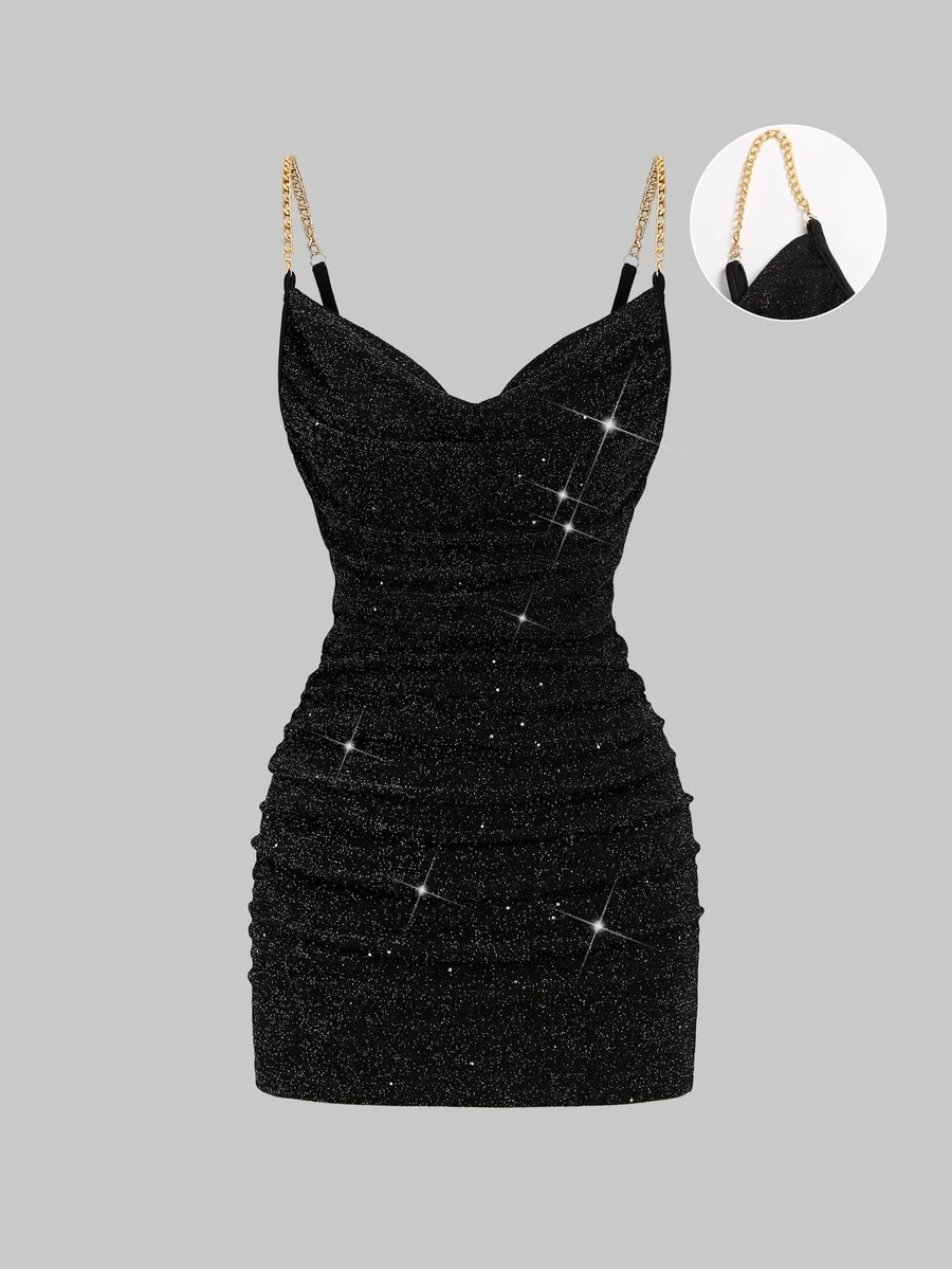 Sweetra Women's Elegant Sexy Fashion Party Club Shiny Fabric With Metal Chain Black Mini Dress Halloween Summer - Black - View 1