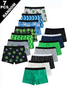7pcs Boys Comfortable Printed Green & Navy Blue Pixel Block Pattern Street Style Cool Random Assorted Boys Fashion Cartoon Print Boxer Briefs - Multicolor - View 2