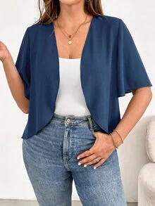 SHEIN Essnce 大尺碼純色極簡休閒優雅輕量度假夾克，適合日常穿著、辦公室、秋季百搭 - 藍色 - 查看 8