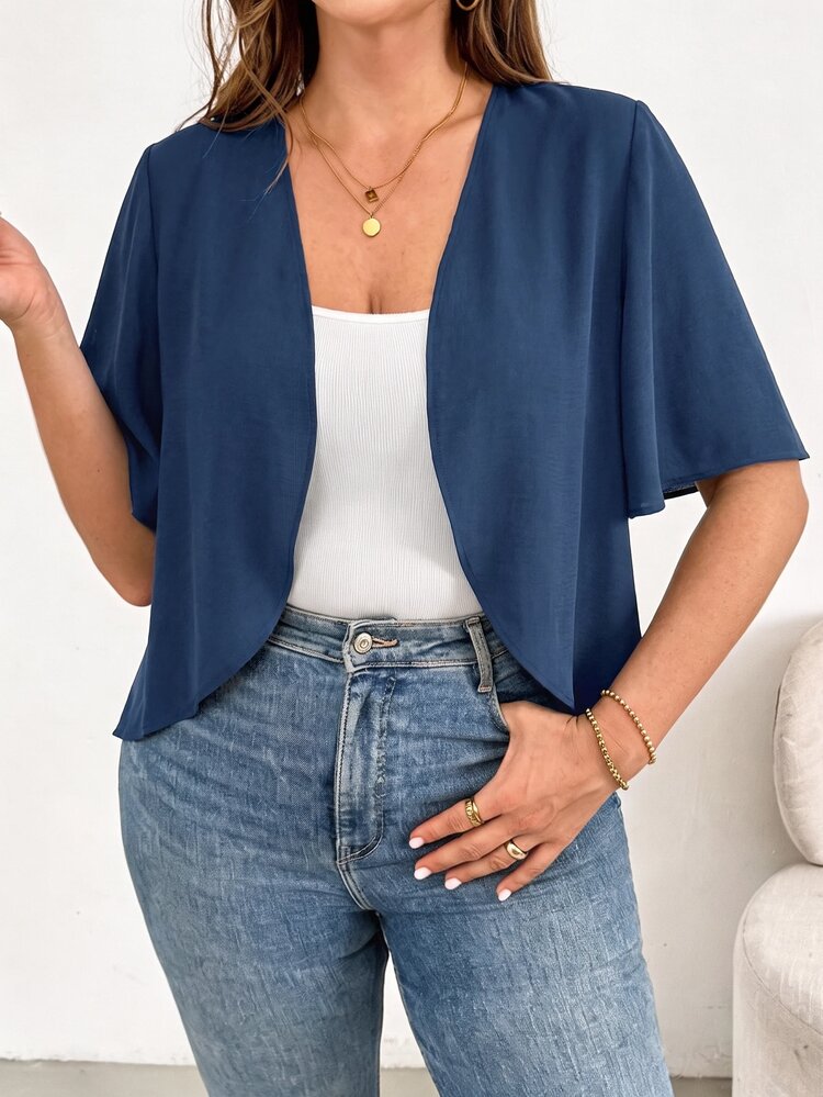 SHEIN Essnce Plus Size Solid Color Minimalist Casual Elegant Lightweight Vacation Jacket, Versatile For Daily Wear Office Autumn - Blue - View 8