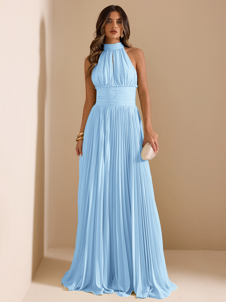 SHEIN BAE Spring/Summer Green Halter Neck Ruched Waist Pleated Ribbon Mid-Length Dress, French Romantic Style Date & Vacation Dress - Baby Blue - View 4