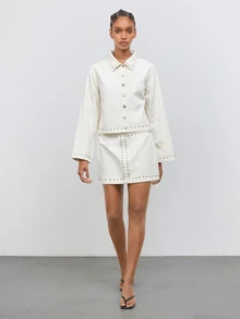 Maija Women's Long Sleeve Single-Breasted Jacket And Skirt Casual Denim Set - White - View 3