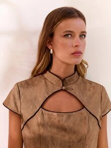 Nöista 女款緹花短袖旗袍領上衣與裙子優雅套裝 - 棕色 - 查看 5