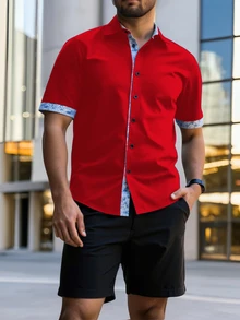 Manfinity Homme Men's Plus Size Patchwork Floral Print Short Sleeve Shirt - Red - View 3