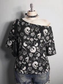 SHEIN ICON 大尺碼女款全印花不對稱肩休閒百搭日常T恤 - 彩色 - 查看 3