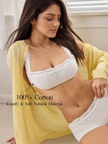 Ocili 100% Pure Cotton Comfortable Minimalist Smooth Wireless Bra With Lace Trim For Women - White - View 1