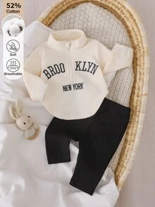 SHEIN 2件組女嬰新生兒秋季套裝 白色休閒圖案款 - 黑與白 - 查看 1