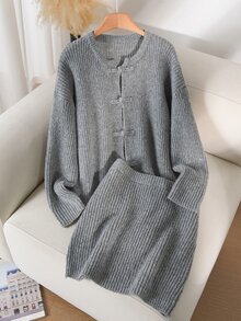 Elaquor Plus Size Autumn/Winter Casual Solid Color Cardigan & Knit Skirt Set - Grey - View 2