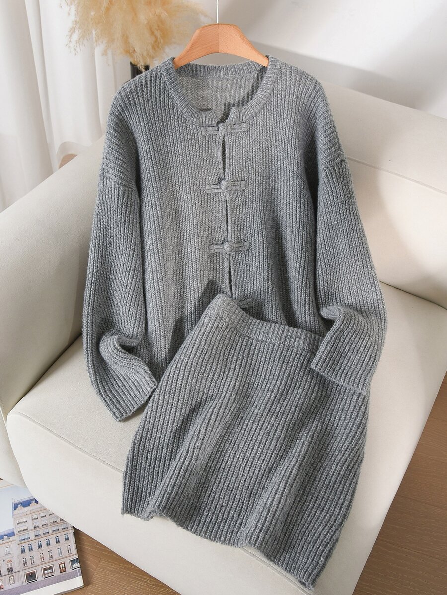 Elaquor Plus Size Autumn/Winter Casual Solid Color Cardigan & Knit Skirt Set
