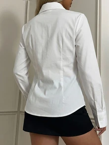 SHEIN EZwear 女款素色休閒百搭日常穿著襯衫 - 白色 - 查看 2