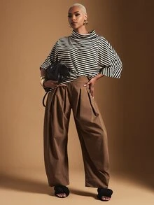 Vixey Women's Striped Funnel Neck Short Sleeve Loose Casual T-Shirt, Chic Casual Daily - Black and White - View 5
