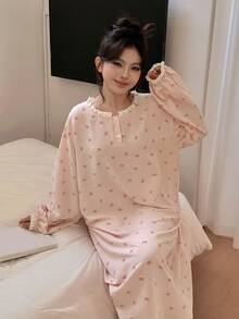 Dazy Plus Bow Print All-Over Floral Loose Casual Long Sleeve Cute Pajama Dress For Girls, Spring/Autumn - Pink - View 6
