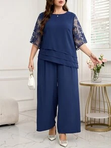 Reflora Plus Size Fashion Asymmetrical Hem Top And Loose Long Pants 2 Pieces Set - Navy Blue - View 9