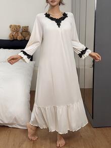 Napfluff Vintage Royal Lace Trim Collar Ruched Long Sleeve Lace Trim Maxi Nightgown - Apricot - View 7