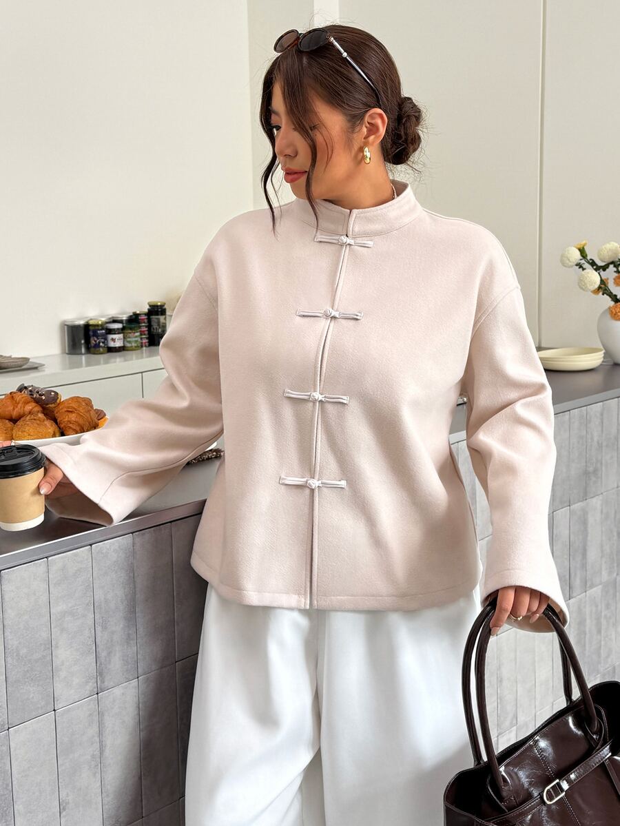 Firerie Plus Size Women's Solid Color Drop Shoulder Long Sleeve Frog Button Design Casual Jacket