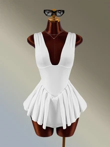 Amplova Women's Solid Color Pleated Casual Daily Travel Sports Dress - White - View 1