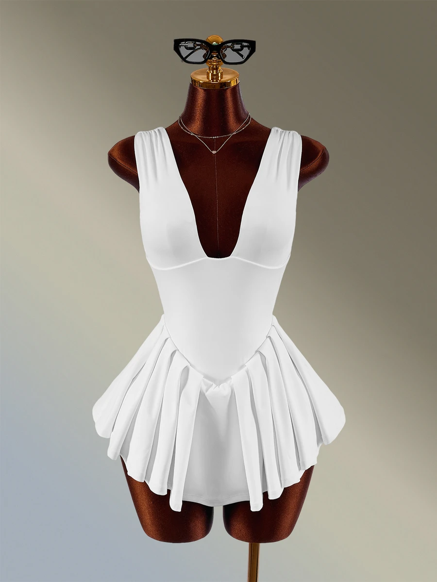 Amplova Women's Solid Color Pleated Casual Daily Travel Sports Dress - White - View 1