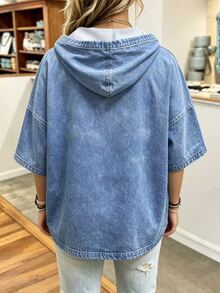 Breezaya Plus Size Women's Denim Effect Print Drop Shoulder Drawstring Hooded Loose Sweatshirt - Blue - View 2