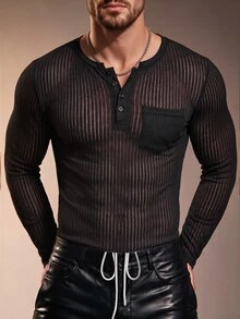 ZURIURI Men's Casual Sheer Long Sleeve T-Shirt - Black - View 5