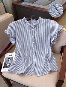 Franclia 女款荷葉邊條紋單排扣短袖休閒襯衫 - 霧霾藍 - 查看 1
