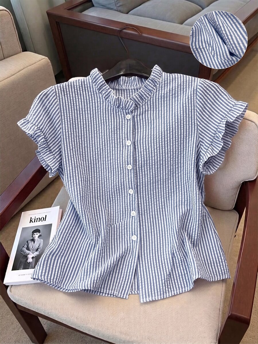 Franclia 女款荷葉邊條紋單排扣短袖休閒襯衫 - 霧霾藍 - 查看 1