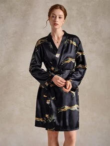 EverLounge Leopard Print Faux Silk Women's Long Sleeve Robe - Black - View 5