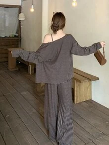 DAZY Women's Striped Long Sleeve Cardigan, Camisole And Pants Casual Set - Brown - View 2