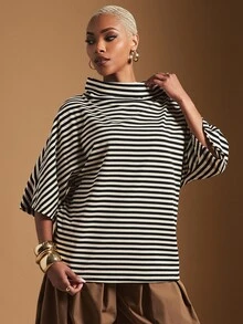 Vixey Women's Striped Funnel Neck Short Sleeve Loose Casual T-Shirt, Chic Casual Daily - Black and White - View 3