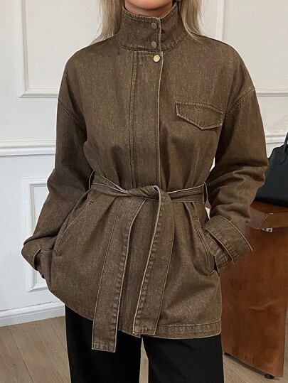DAZY Giacca e cappotto in denim casual urbano con colletto alto, decorazione con cintura e vestibilità ampia per donna