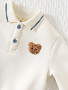 Young Boy Cartoon Bear Kids Patch Long Sleeve Polo Shirt And Long Pants Casual Set - Multicolor - View 4