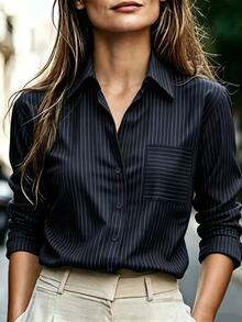 RosyDaze Randig avslappnad mångsidig vardagsskjorta för kvinnor - Marinblå - Visa 1