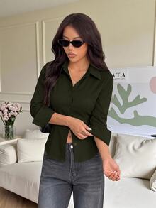 SHEIN PETITE 1pc Women's Solid Color Button Front Long Sleeve Casual Blouse - Army Green - View 11