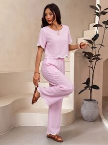 SHEIN PETITE 2件組女款夏季休閒黑白格紋對比色圓領短袖上衣與長褲套裝 - 粉色 - 查看 5