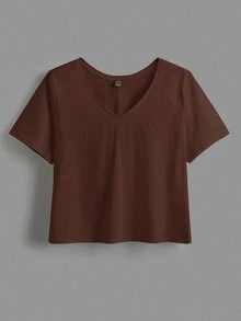 SHEIN BASICS 大尺碼純色V領短版T恤 夏季女款上衣 夏日穿搭 - 咖啡棕 - 查看 6