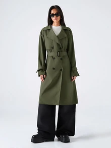 SHEIN EZwear 女款素色時尚百搭日常休閒風衣外套 - 軍綠色 - 查看 1