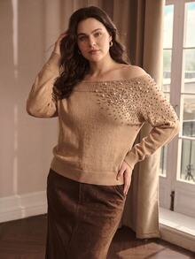 MOTF PREMIUM PLUS SIZE FAUX PEARL AND RHINESTONE DECORATED SWEATER WINTER FORMAL EVENING CAMEL ELEGANT - Khaki - View 6