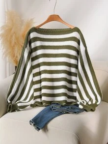 CosyJoli Plus Size Women's Fashion Casual Kawaii Olive Green Striped Loose Pullover Sweater, Versatile Commuter Top For Autumn/Winter Formal Vacation Top - Multicolor - View 5