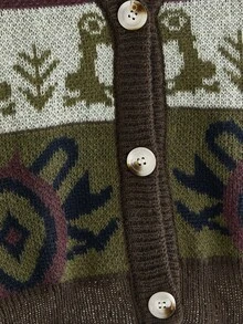 ROMWE Fairycore Plus Size Women's Mori Style Knit Cardigan, Vintage Totem Short Loose Sweater, Autumn/Winter Daily Outerwear - Multicolor - View 4