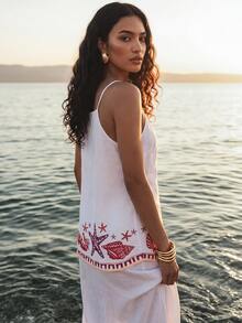 CAJUNI Top With Wrap-Style Front And Halter Neck, Sea Element Print. - White - View 2